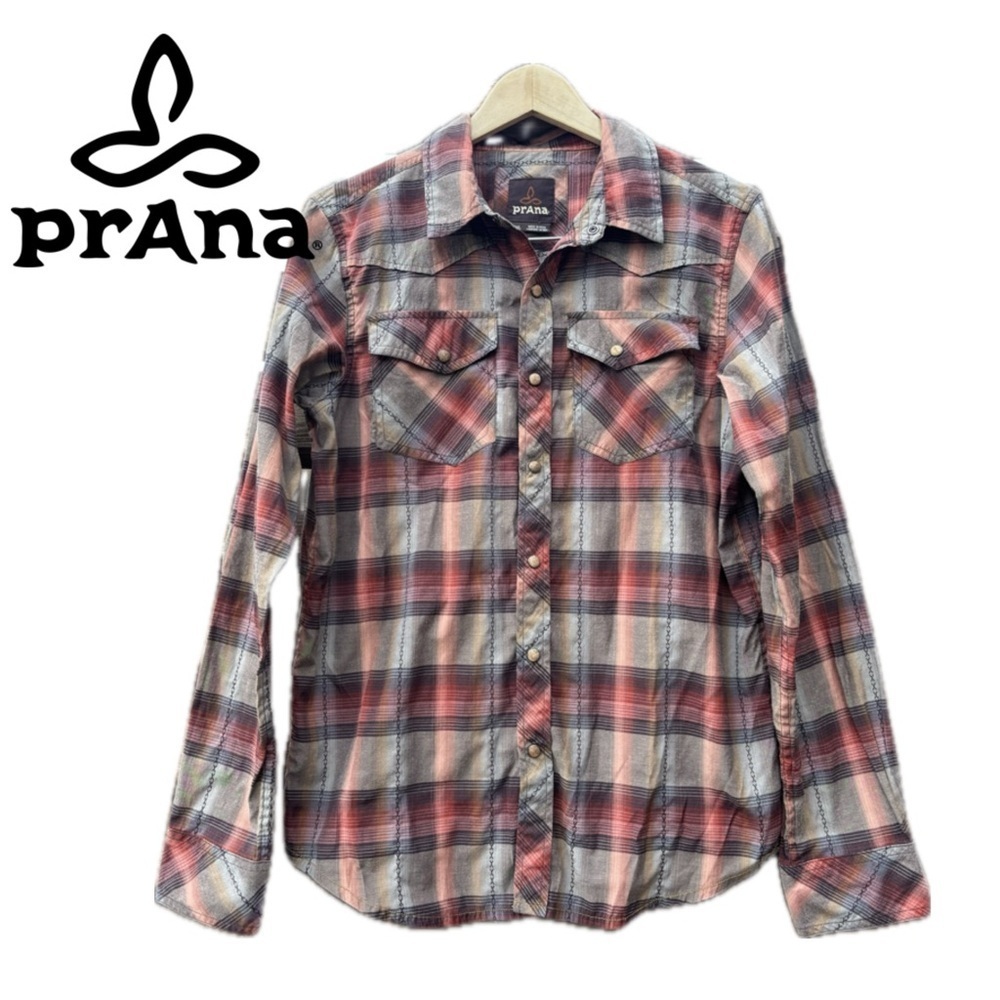 PrAna Men’s Red Gray Plaid Shirt Snap Button closure Long Sleeves Size Medium